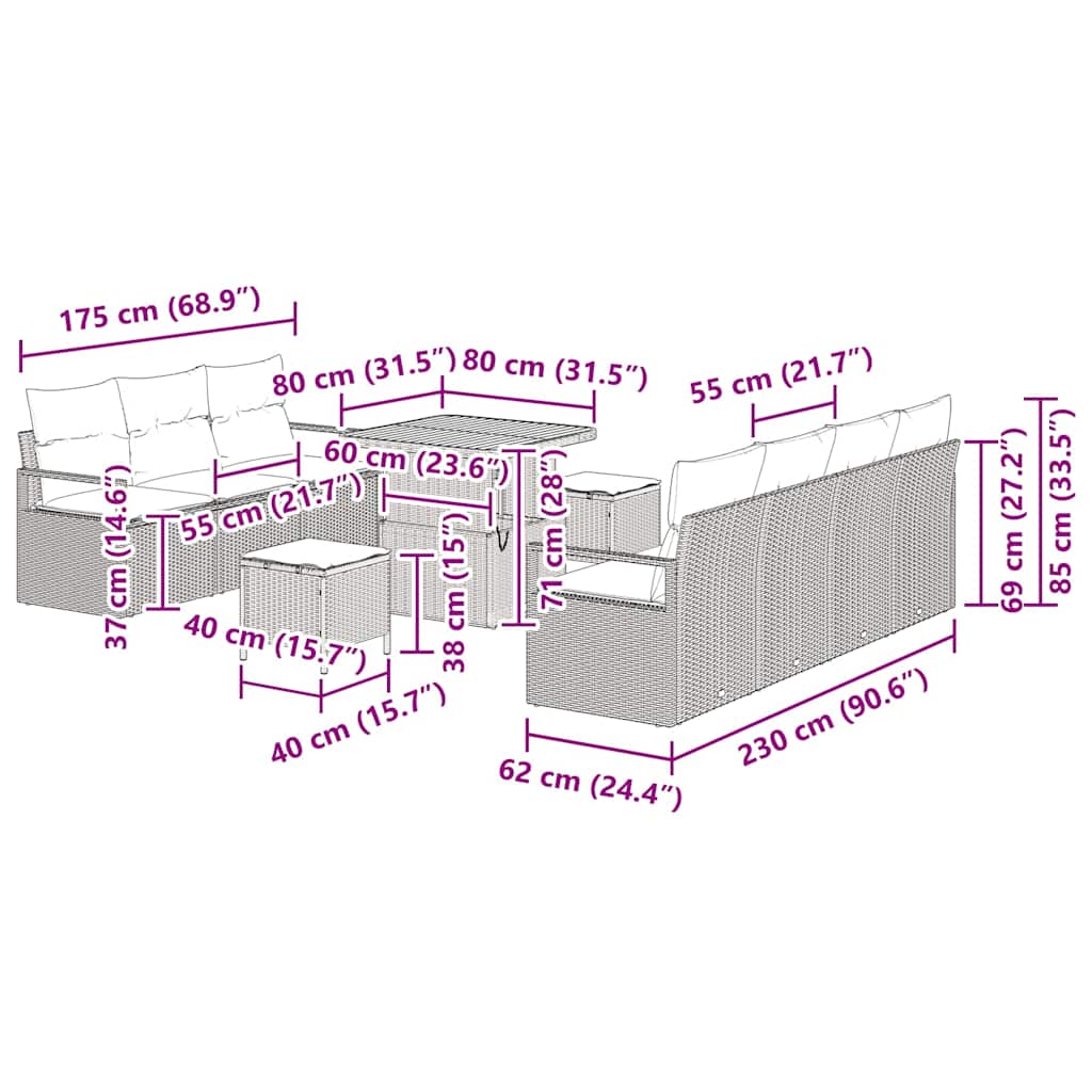 Garten-Sofa-Set mit Kissen mit Speicher 10 pcs Schwarz