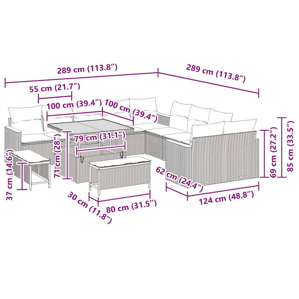 Gartensofa-set mit Kissen 13 pcs Schwarz Poly-Rattan