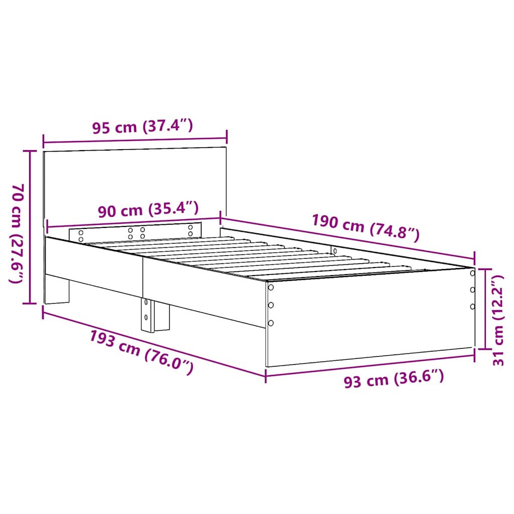 Bettgestell mit Kopfteil Schwarz Eichen-Optik 90 x 190 cm