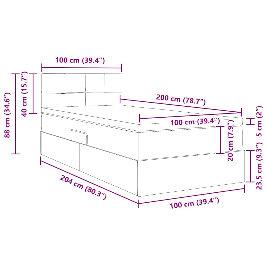 Aufbewahrungsbett mit Matratze Hellgrau 100 x 200 cm Samt