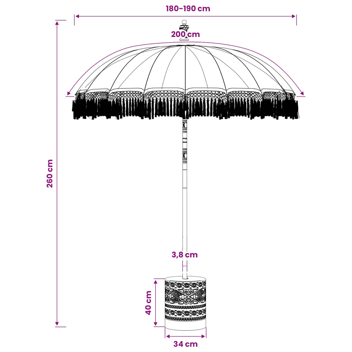Balinesischer Sonnenschirm mit Sockel Creme Ø 180-190 cm
