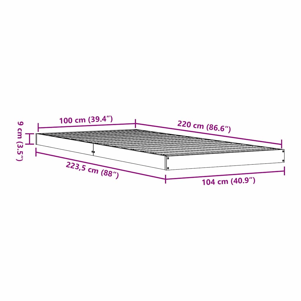 Bodenbettgestell Natur 100 x 220 cm Massives Kiefernholz