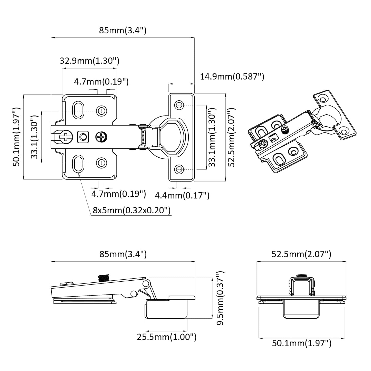 Scharnier 12 stk. Nickel 85 x 52,5 x 9,5 mm Eisen