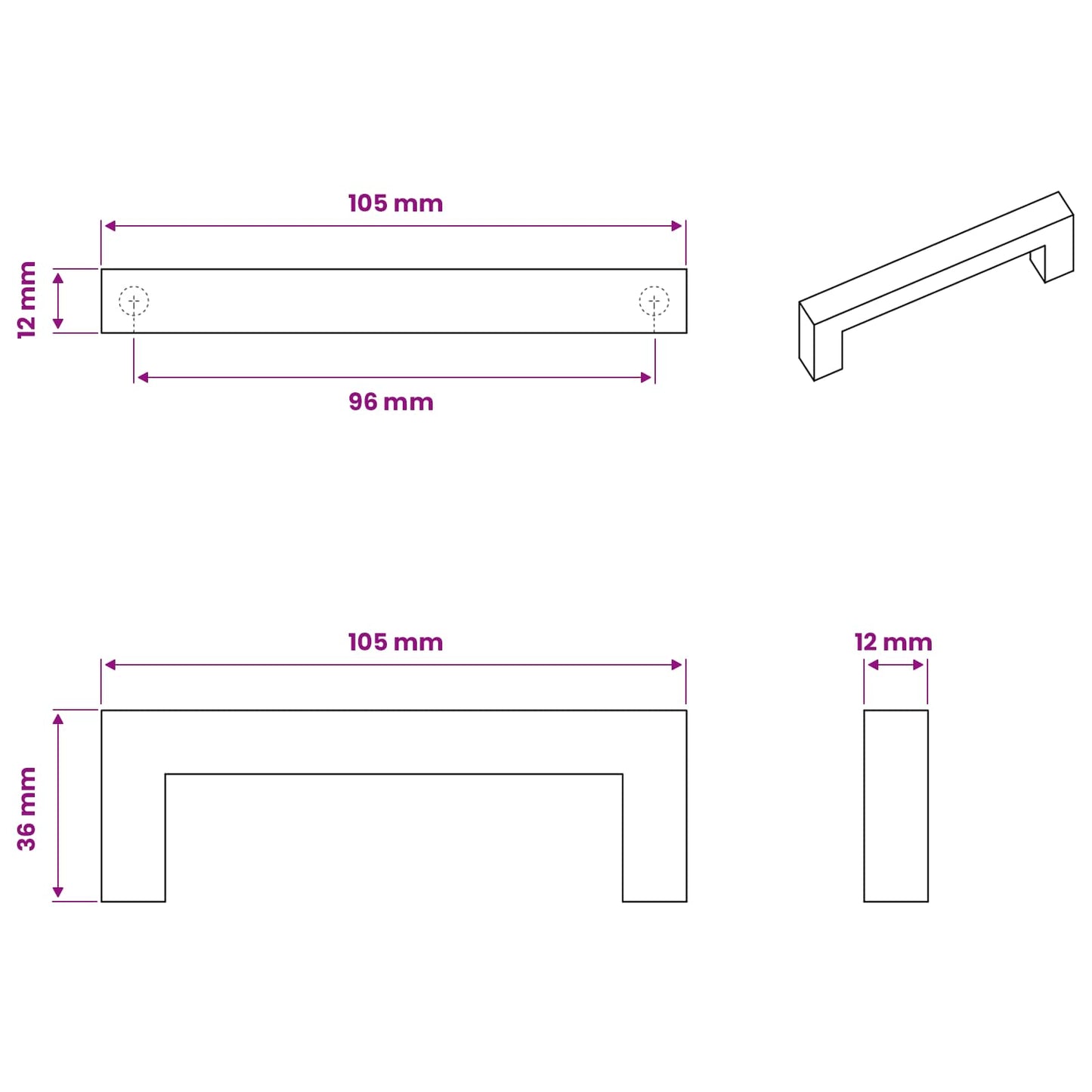 Möbelgriff 530 stk. Schwarz 105 x 12 x 36 mm Eisen