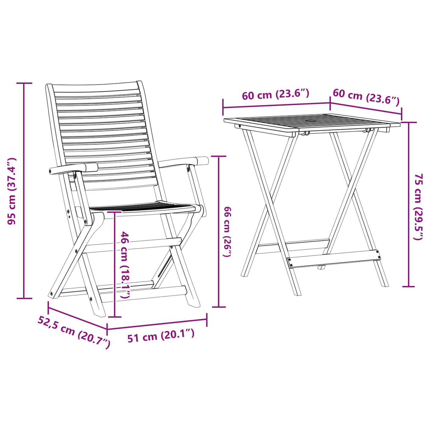 Klapp Bistro Set 3 stk. Braun Massivholz Akazie