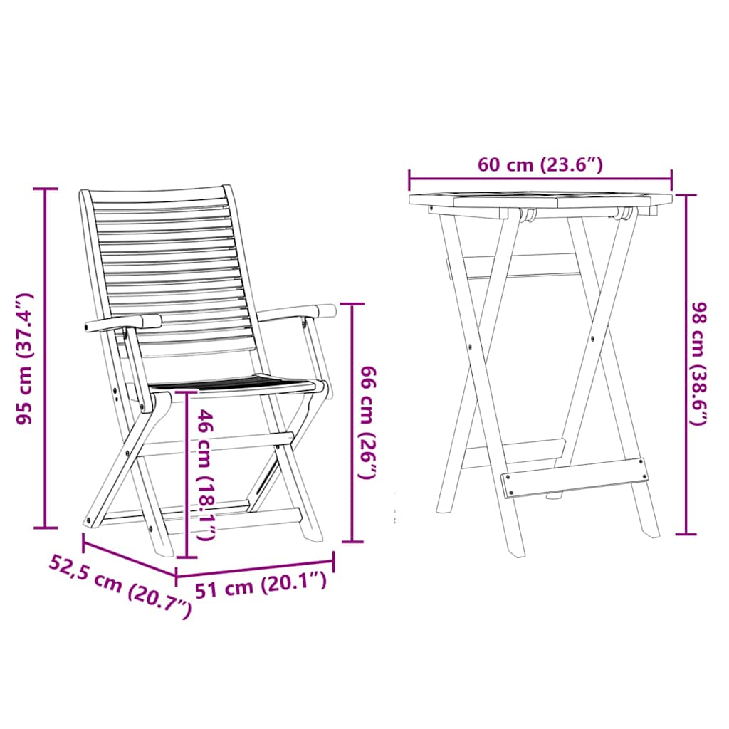 Klapp Bistro Set 3 stk. Braun Massivholz Akazie