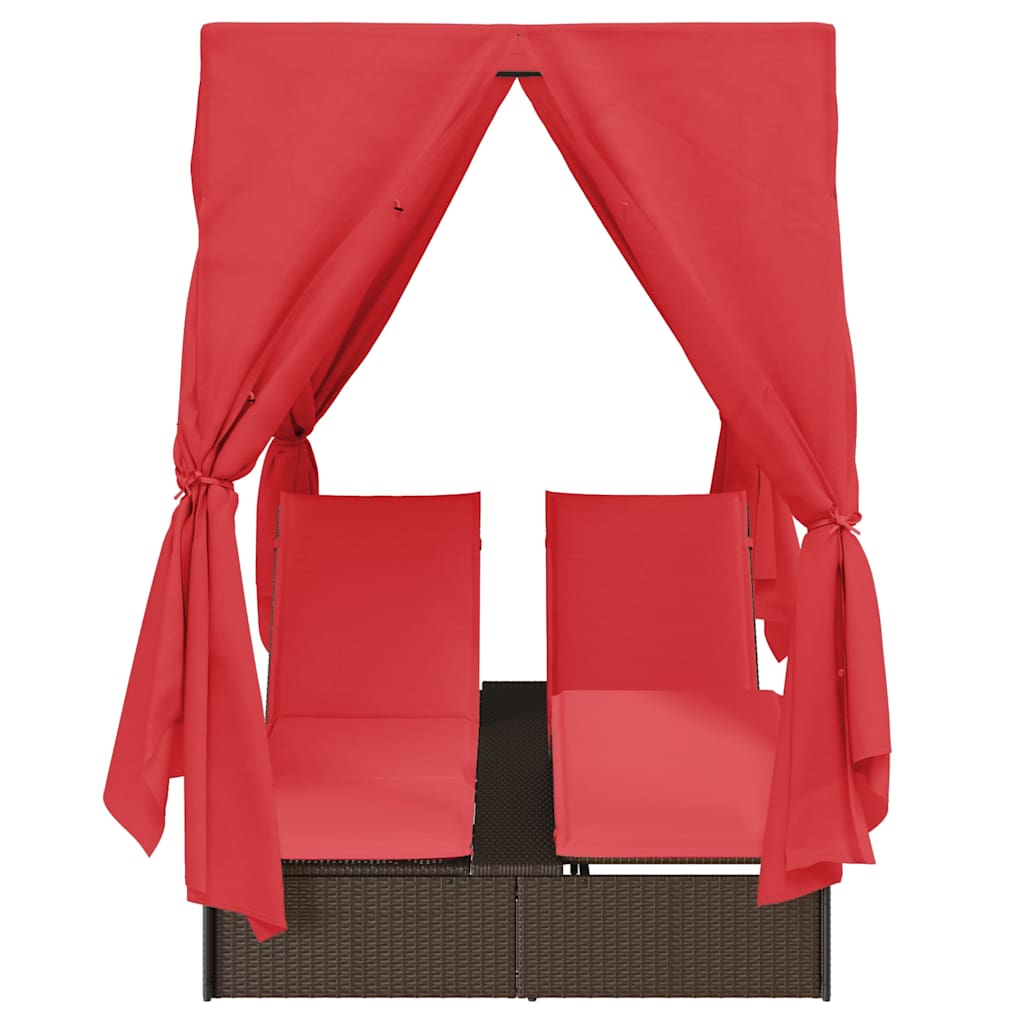 Ensemble de 2 chaises longues doubles en rotin et polyester marron et rouge