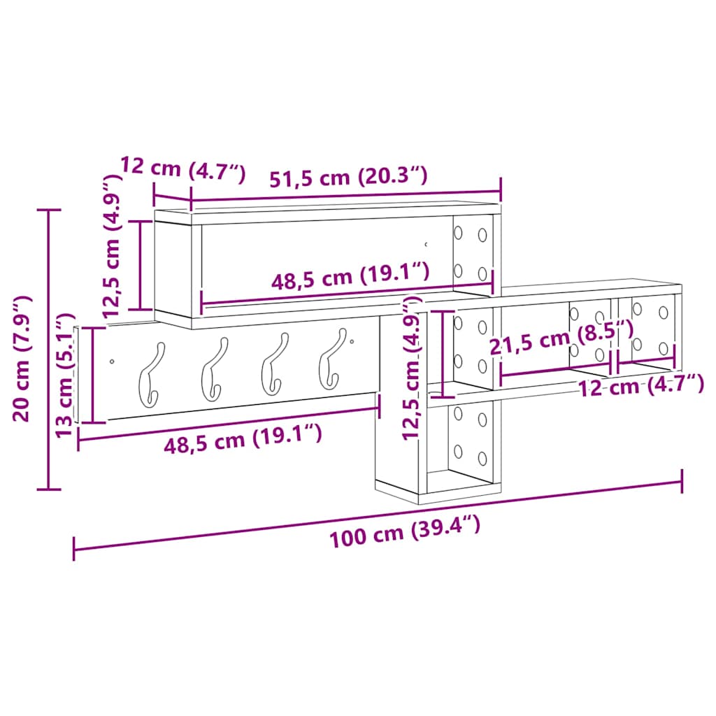 Wandmontierter Kleiderständer mit Regal Schwarz Eichen-Optik