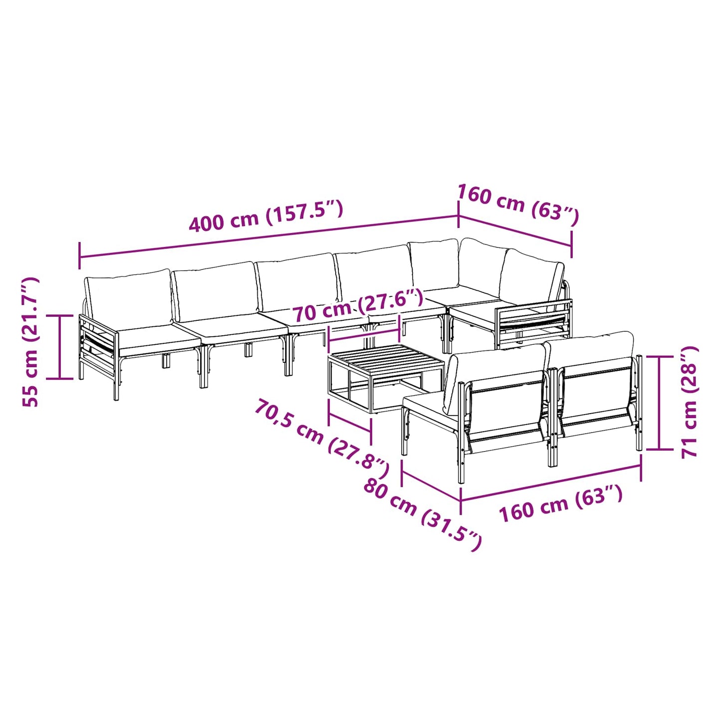Gartensofa-set mit Kissen 9 pcs Schwarz Stahl