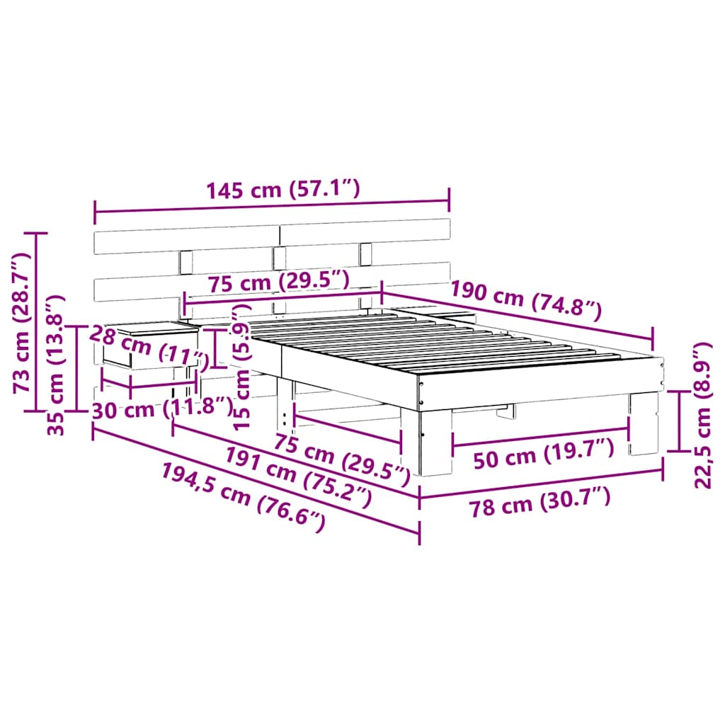 Bettgestell mit Kopfteil Weiß 75 x 190 cm Massivholz Kiefer