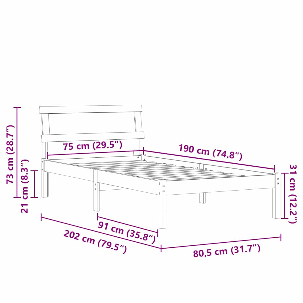 Bettrahmen mit Kopfteil Braun 75 x 190 cm Massives Kiefernholz