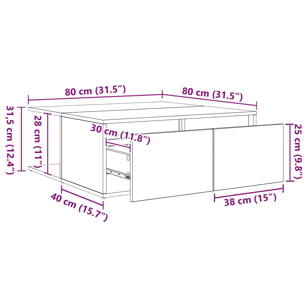 Couchtisch with Drawer Altholz 80 x 80 x 31 cm Holzwerkstoff