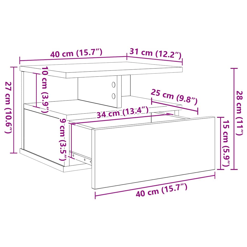 Schwebender Nachttisch Artisan-Eiche 40 x 31 x 28 cm