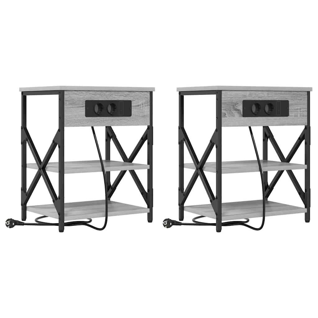Nachttisch mit Ladestation mit Regal Grau Sonoma Holzwerkstoff