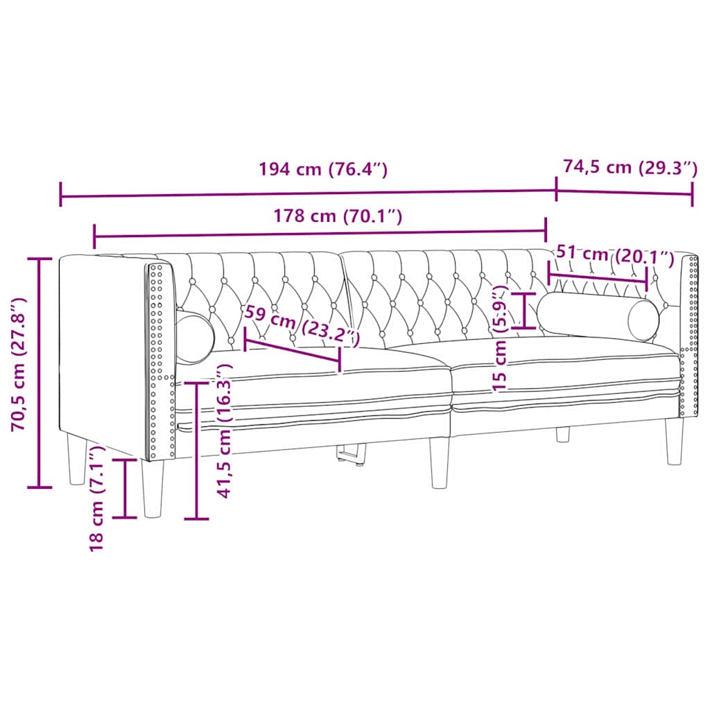 Sofa Schwarz 194 x 74,5 x 70,5 cm Samt