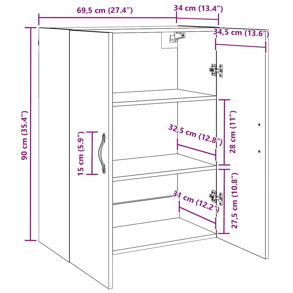 Wandschrank Schwarz Eichen-Optik 69.5 x 34 x 90 cm