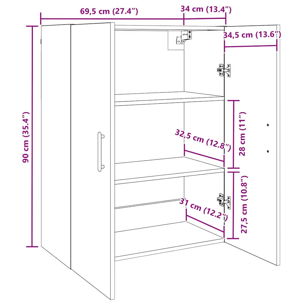 Wandschrank Schwarz Eichen-Optik 69,5 x 34 x 90 cm