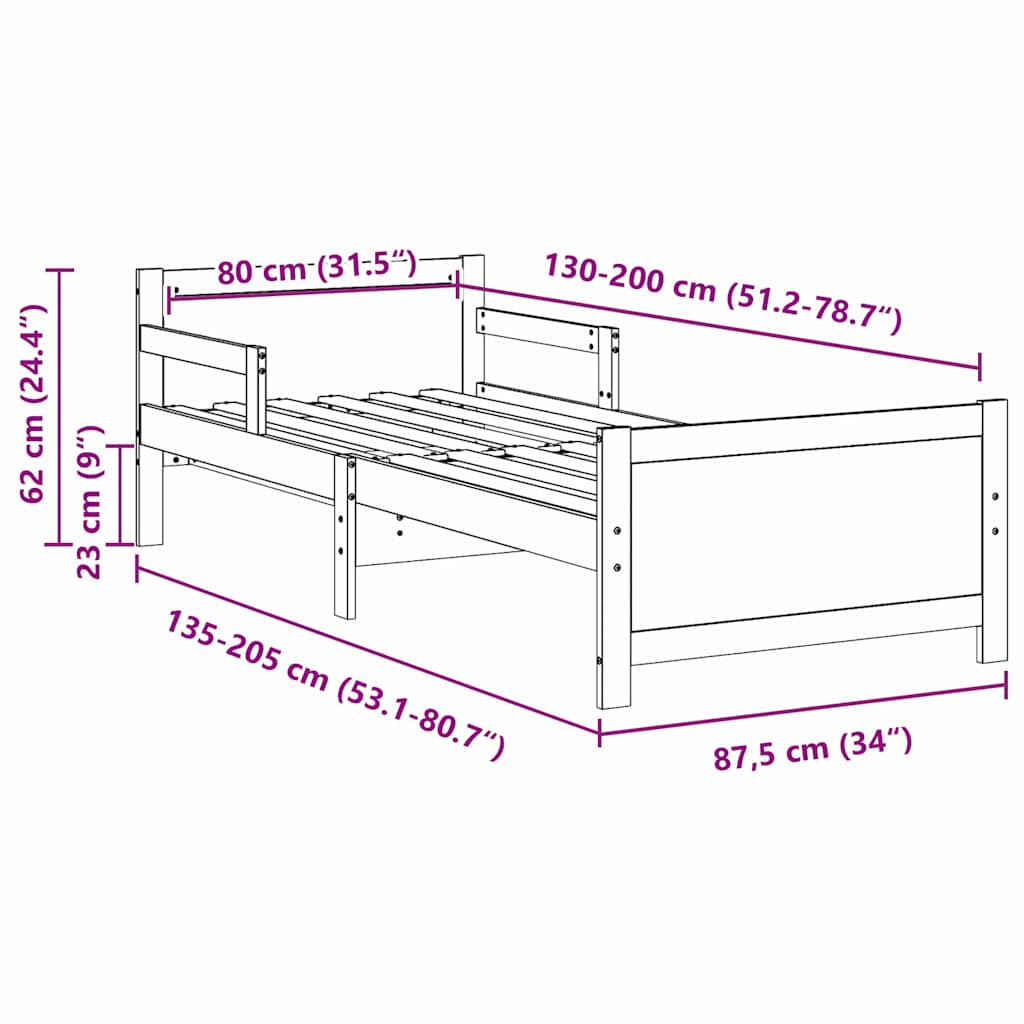 Ausziehbares Bettgestell für Kinder Braun 80 x 130 / 165 / 200 cm