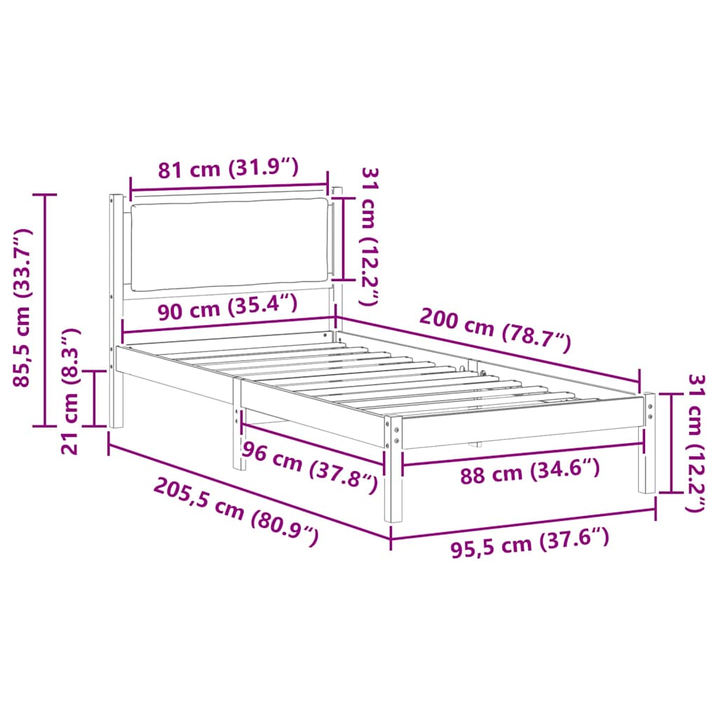 Bettrahmen Dunkelgrau 90 x 200 cm Massives Kiefernholz