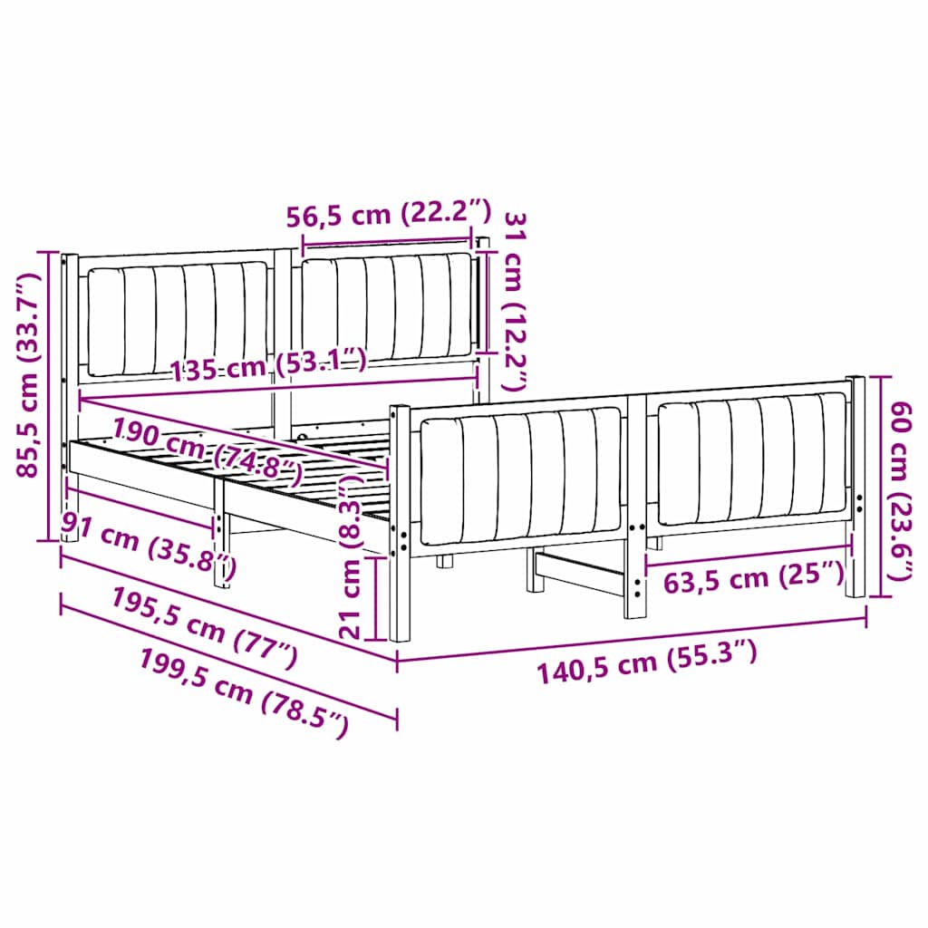 Bettgestell Braun und Hellgrau 135 x 190 cm Massivholz Kiefer