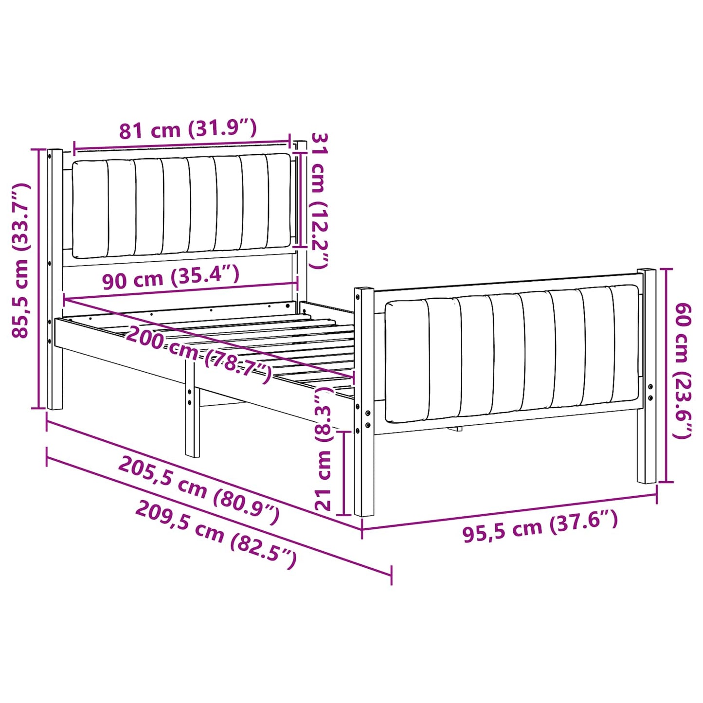 Bettgestell Braun und Dunkelgrau 90 x 200 cm Massivholz Kiefer