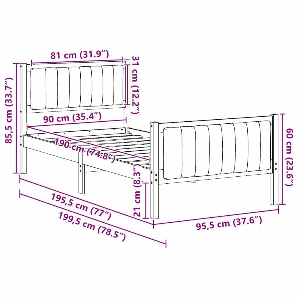 Bettgestell Braun und Hellgrau 90 x 190 cm Massivholz Kiefer