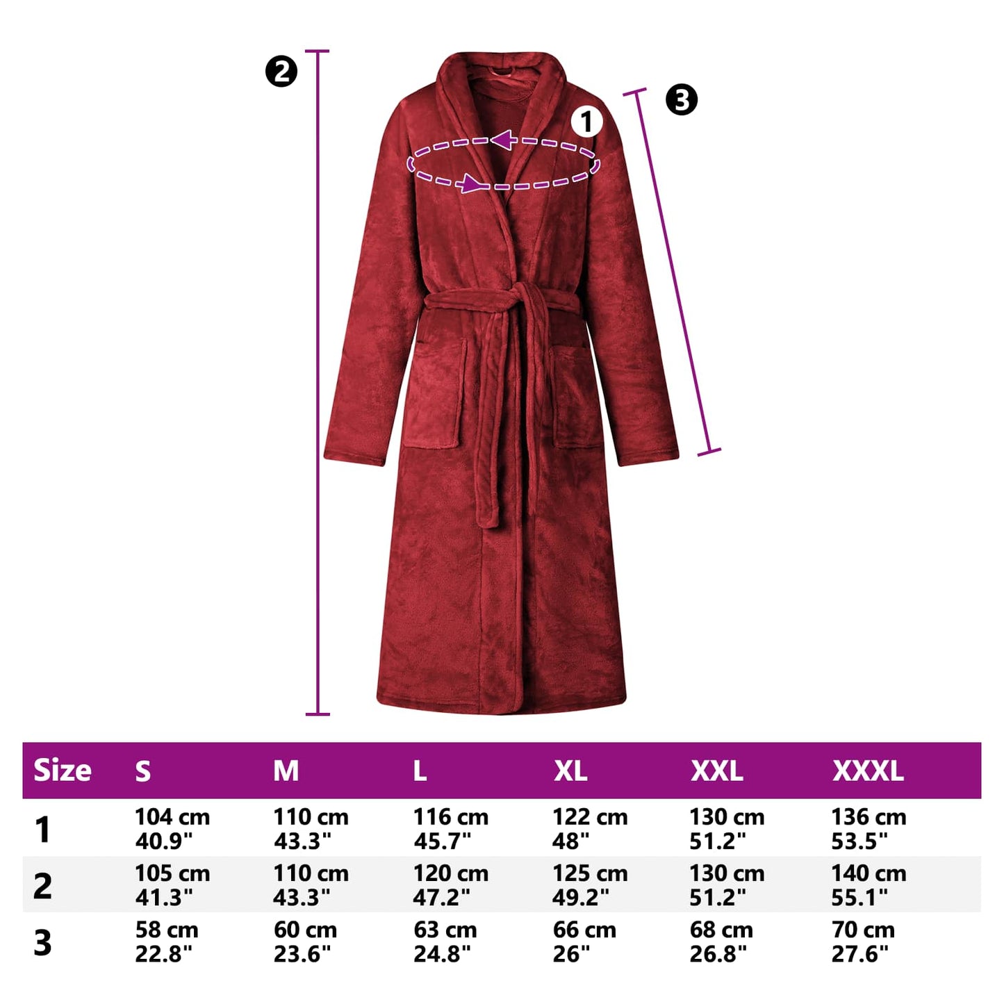 Bademantel ohne Kapuze Bordeauxrot S Flanell