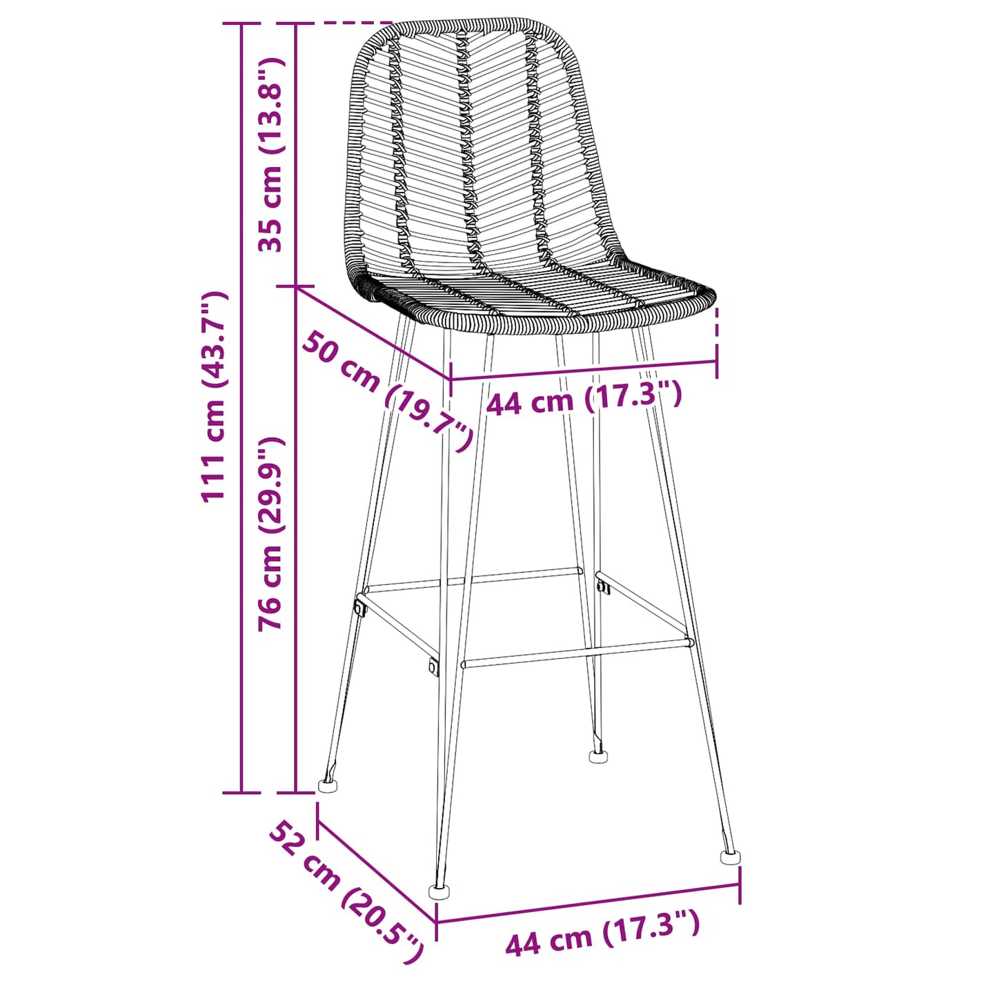 Barstuhl 2 stk. Natur 44 x 52 x 111 cm Rattan und Eisen