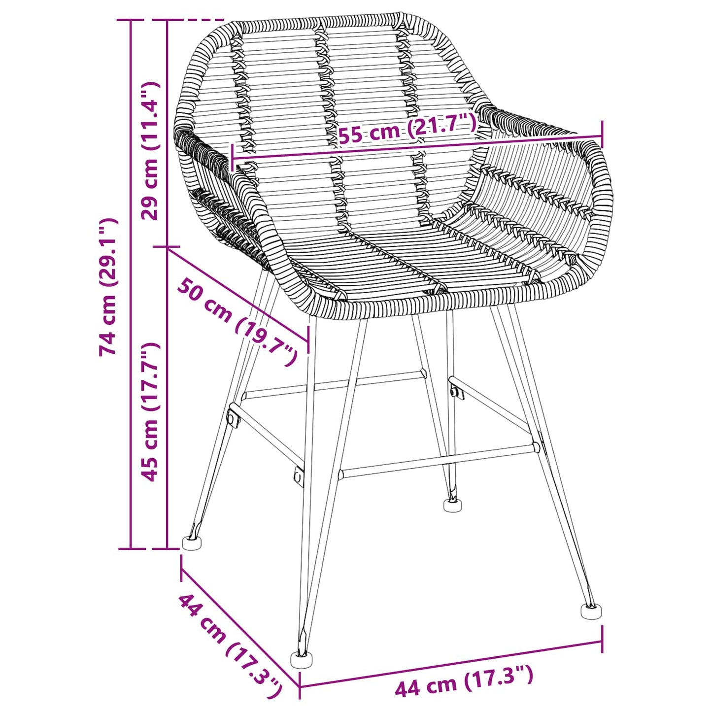 Esszimmerstuhl 2 Stk. Rattan und Eisen Natur 55 x 50 x 74 cm