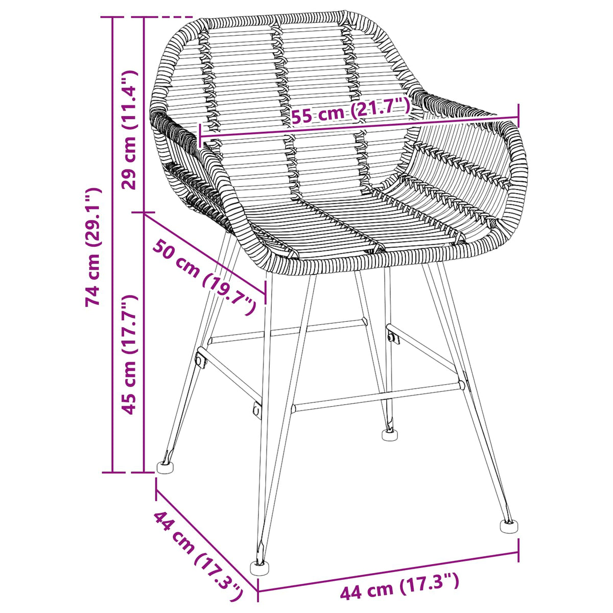 Esszimmerstuhl 2 stk. Rattan und Eisen Natur 55 x 50 x 74 cm