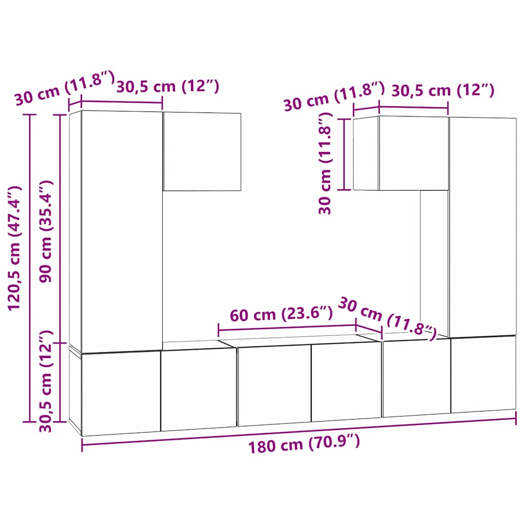 TV-Schrankset 7 pcs Schwarz Eichen-Optik Holzwerkstoff