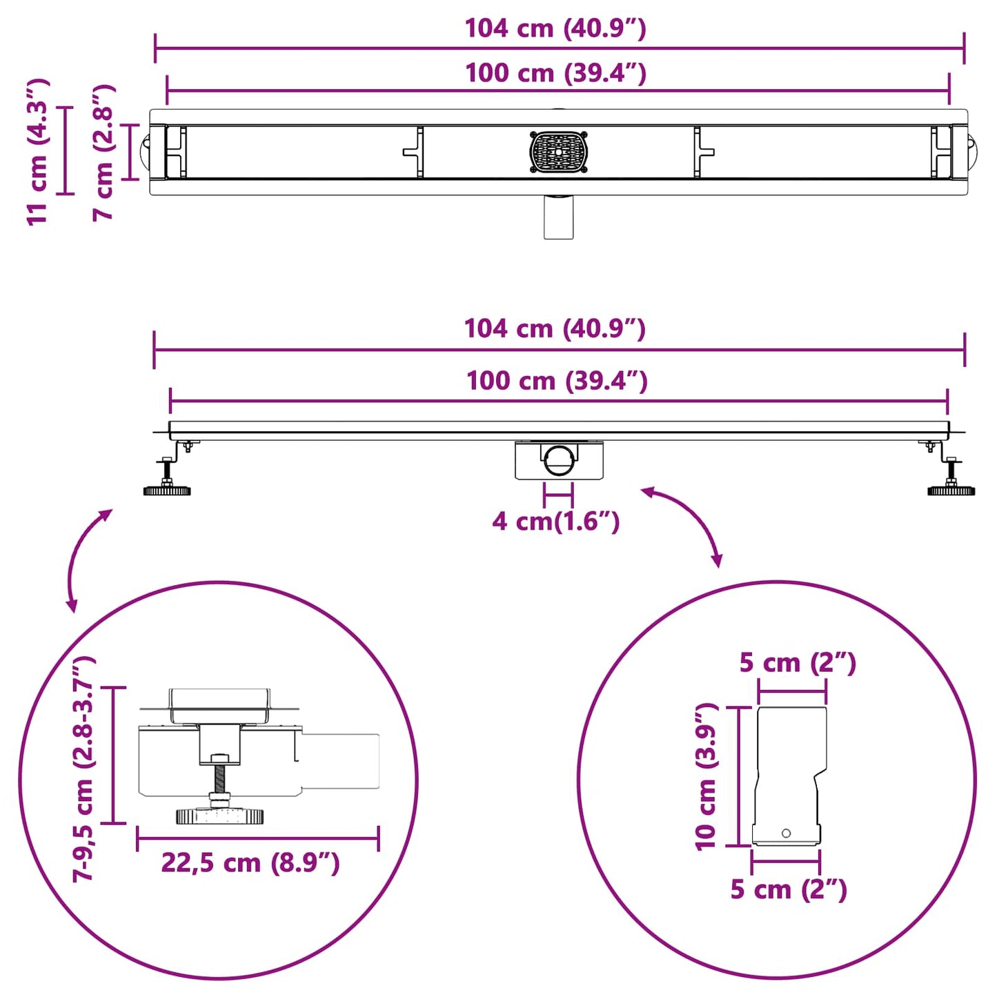 Duschablauf 2-in-1 mit 360° Siphon Silber 100 cm Edelstahl 304