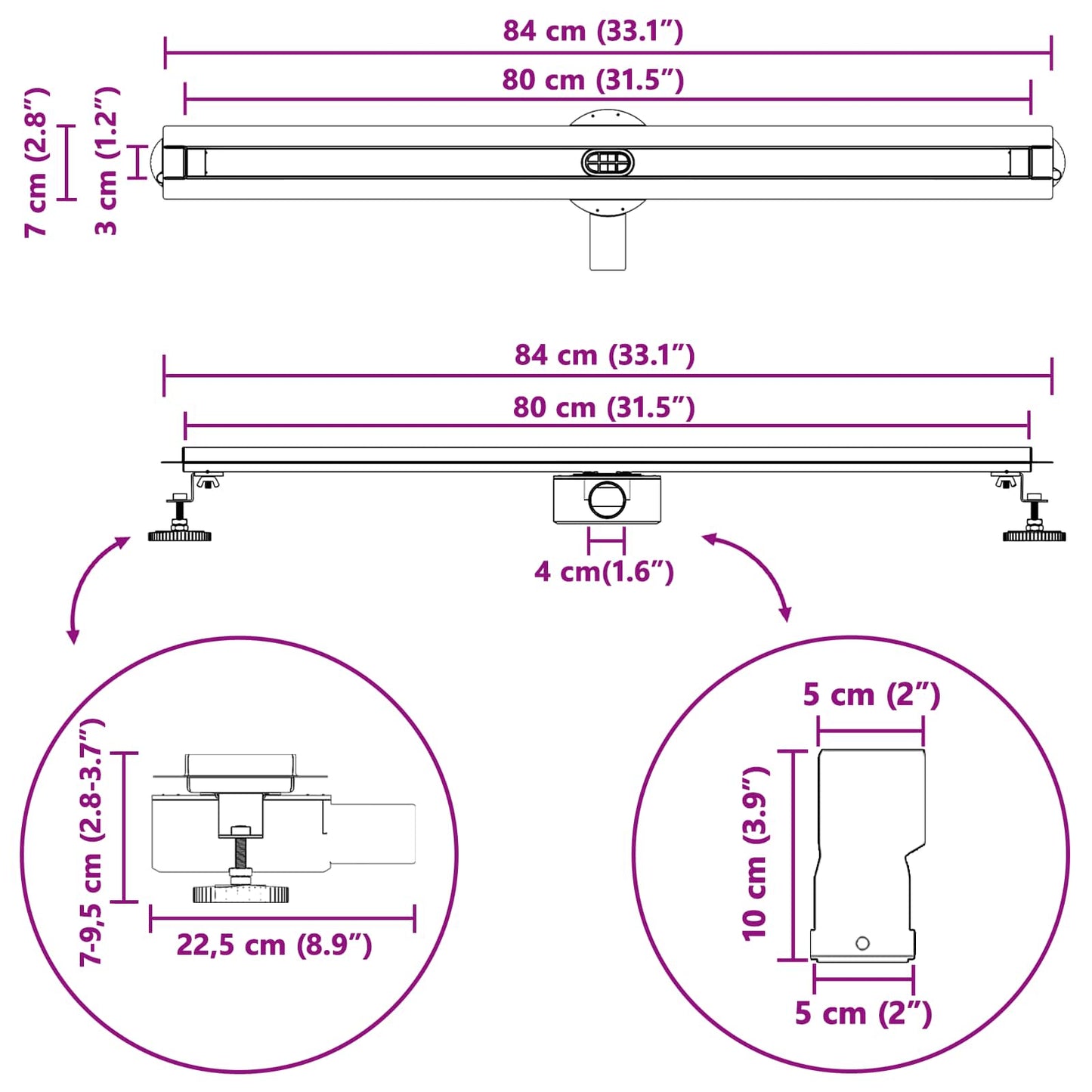 360° Duschablauf mit slim Modell Silber 80 cm Edelstahl 304