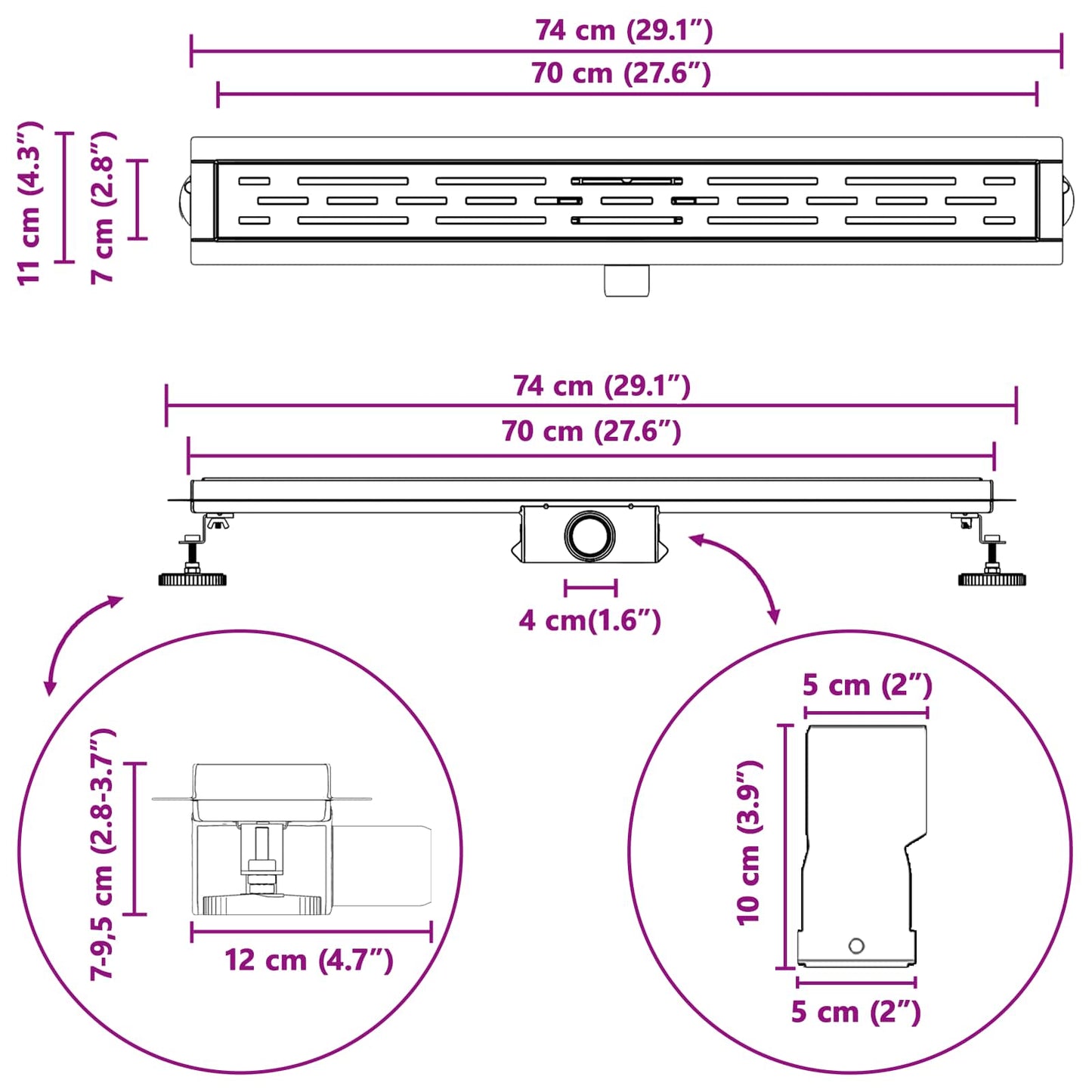 Duschabfluss mit Liniendesign Silber 70 cm Edelstahl 304