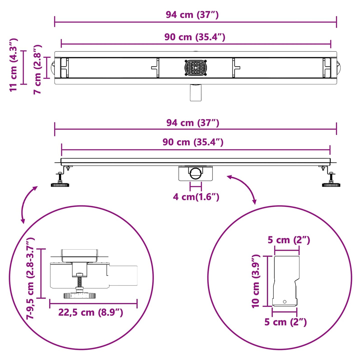 Duschablauf 2-in-1 mit 360° Siphon Silber 90 cm Edelstahl 304