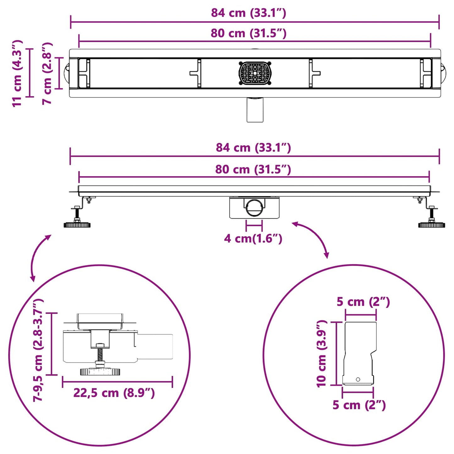 Duschablauf 2-in-1 mit 360° Siphon Silber 80 cm Edelstahl 304