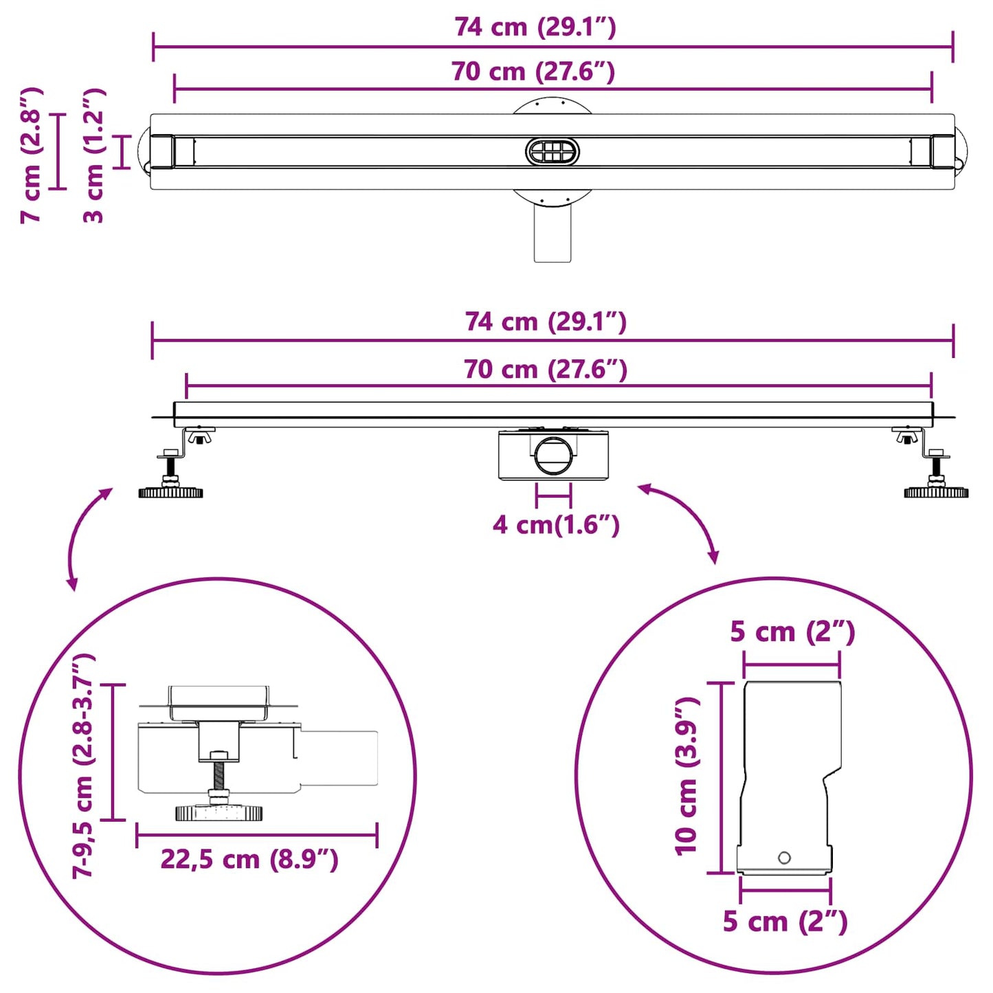 360° Duschablauf mit slim Modell Silber 70 cm Edelstahl 304
