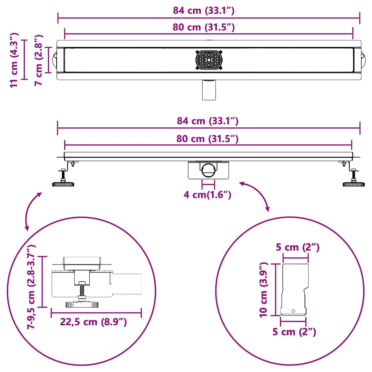 Duschabfluss im Liniendesign mit 360° Siphon Silber 80 cm