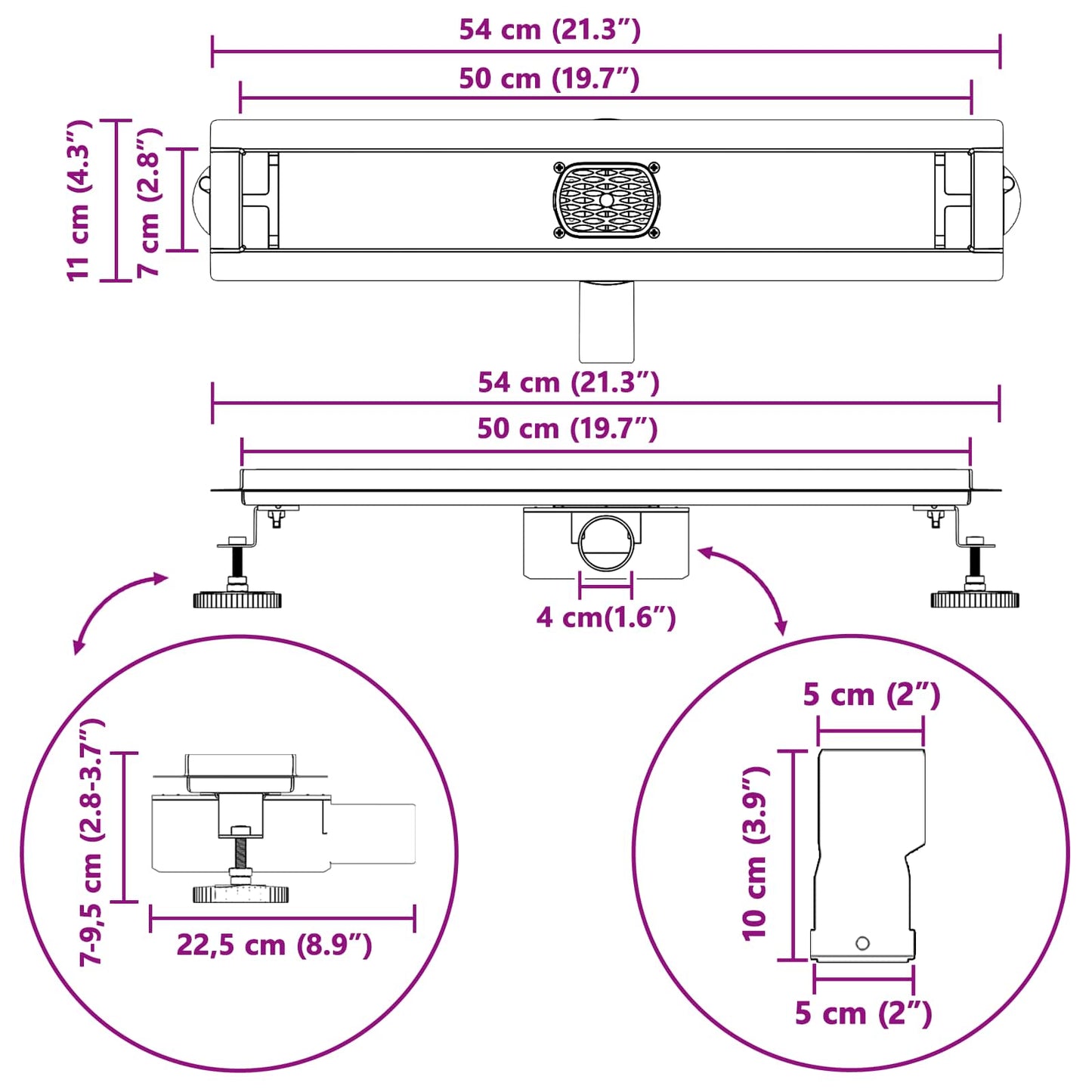 Duschabfluss mit Glashülle und 360° Siphon Schwarz 50 cm