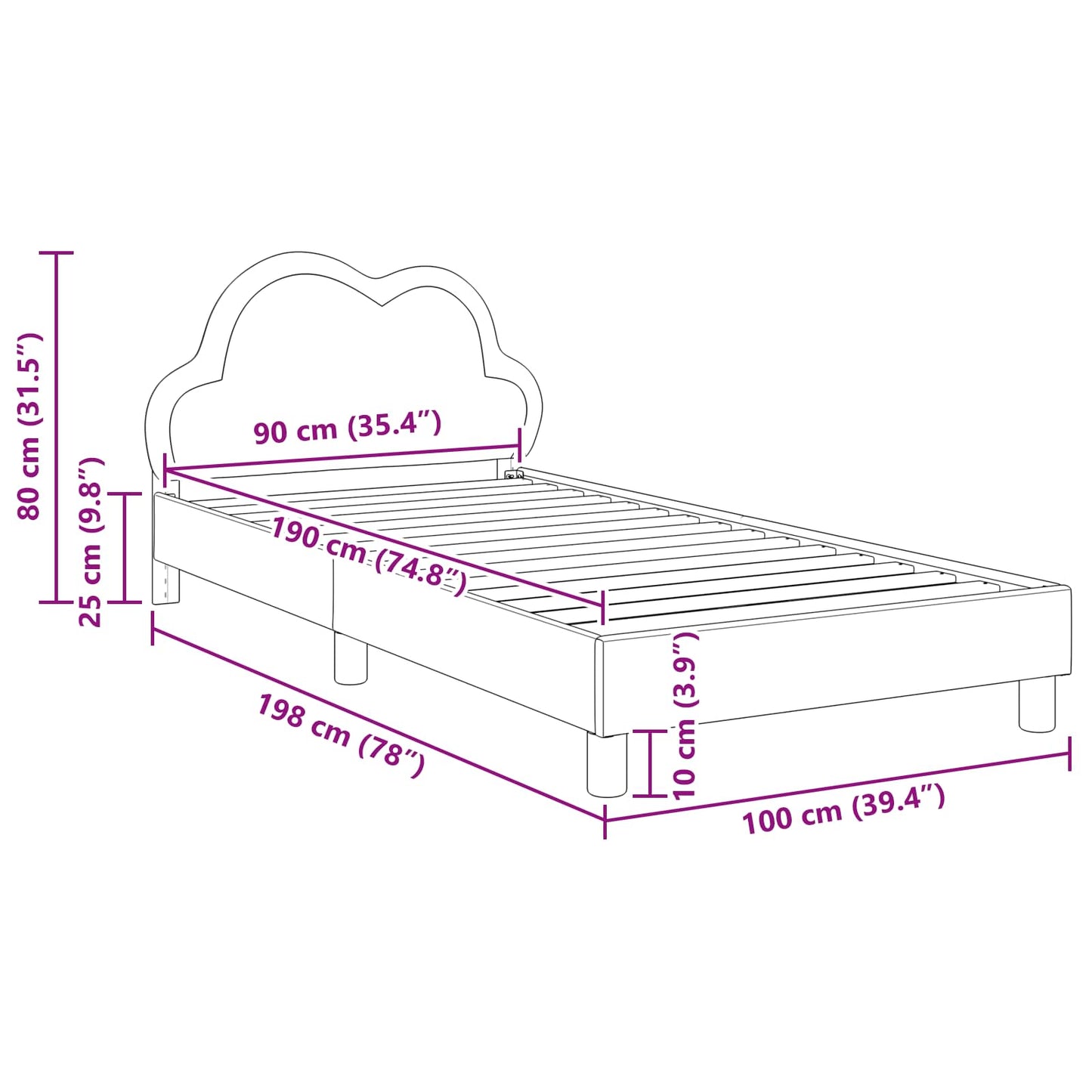 Kinderbettgestell mit Kopfteil Schwarz 90 x 190 cm PU