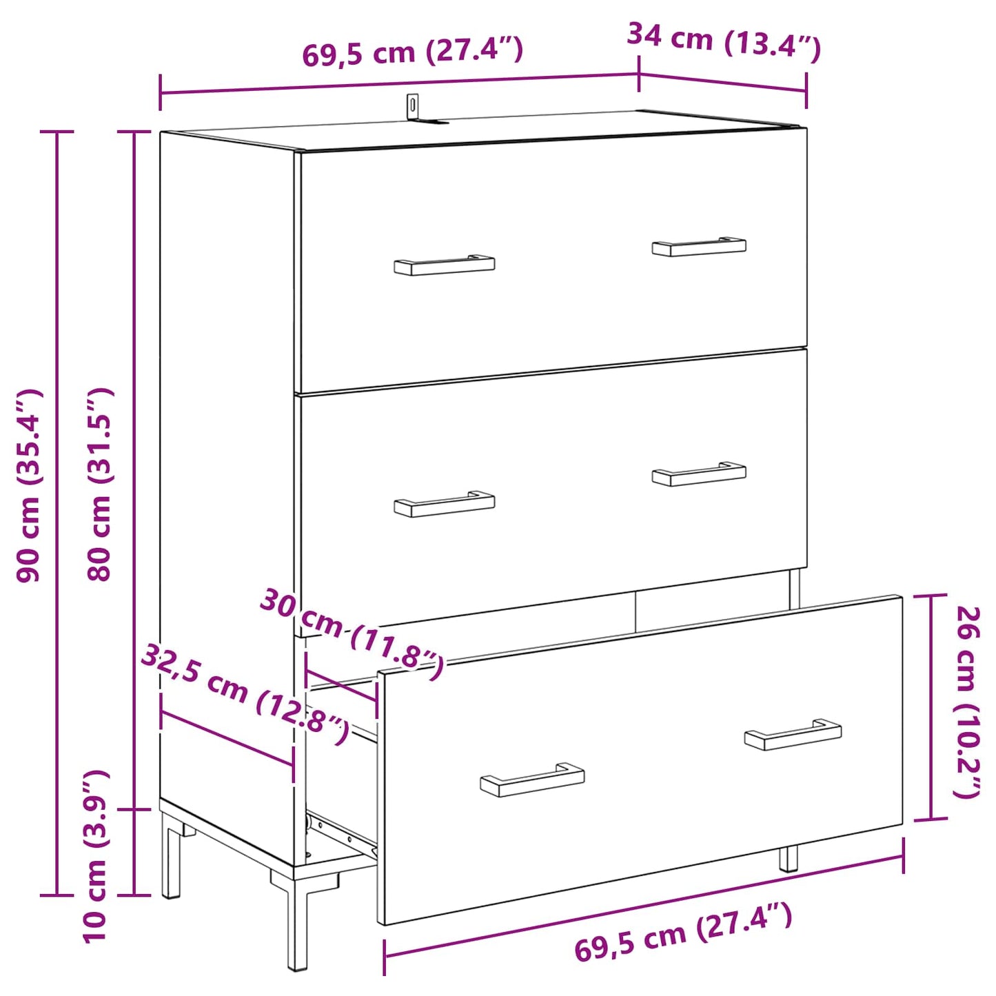 Sideboard Schwarz Eichen-Optik 69,5 x 34 x 90 cm
