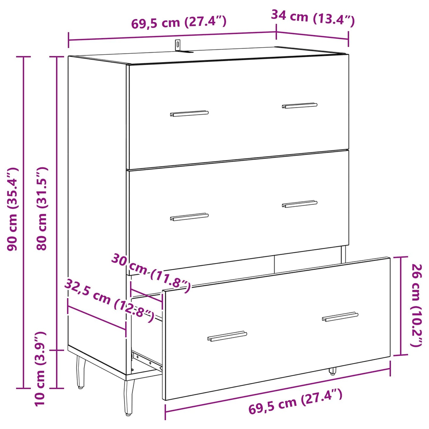 Sideboard Schwarz Eichen-Optik 69,5 x 34 x 90 cm
