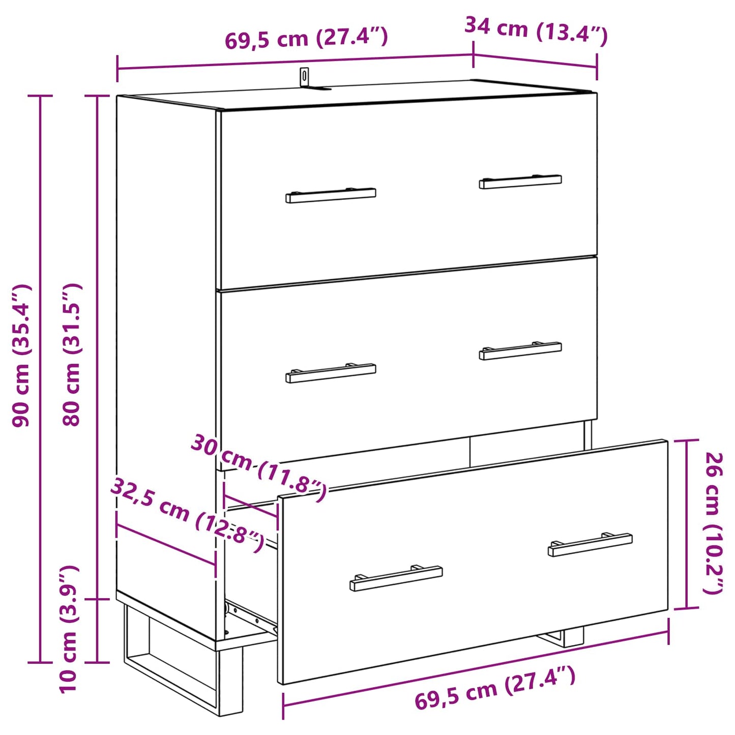 Sideboard Schwarz Eichen-Optik 69,5 x 34 x 90 cm