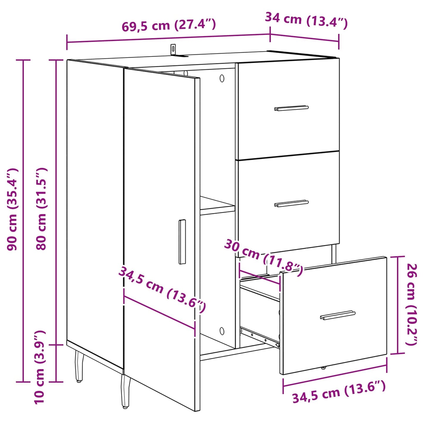 Sideboard Altholz 69,5 x 34 x 90 cm Verbundholz und Eisen