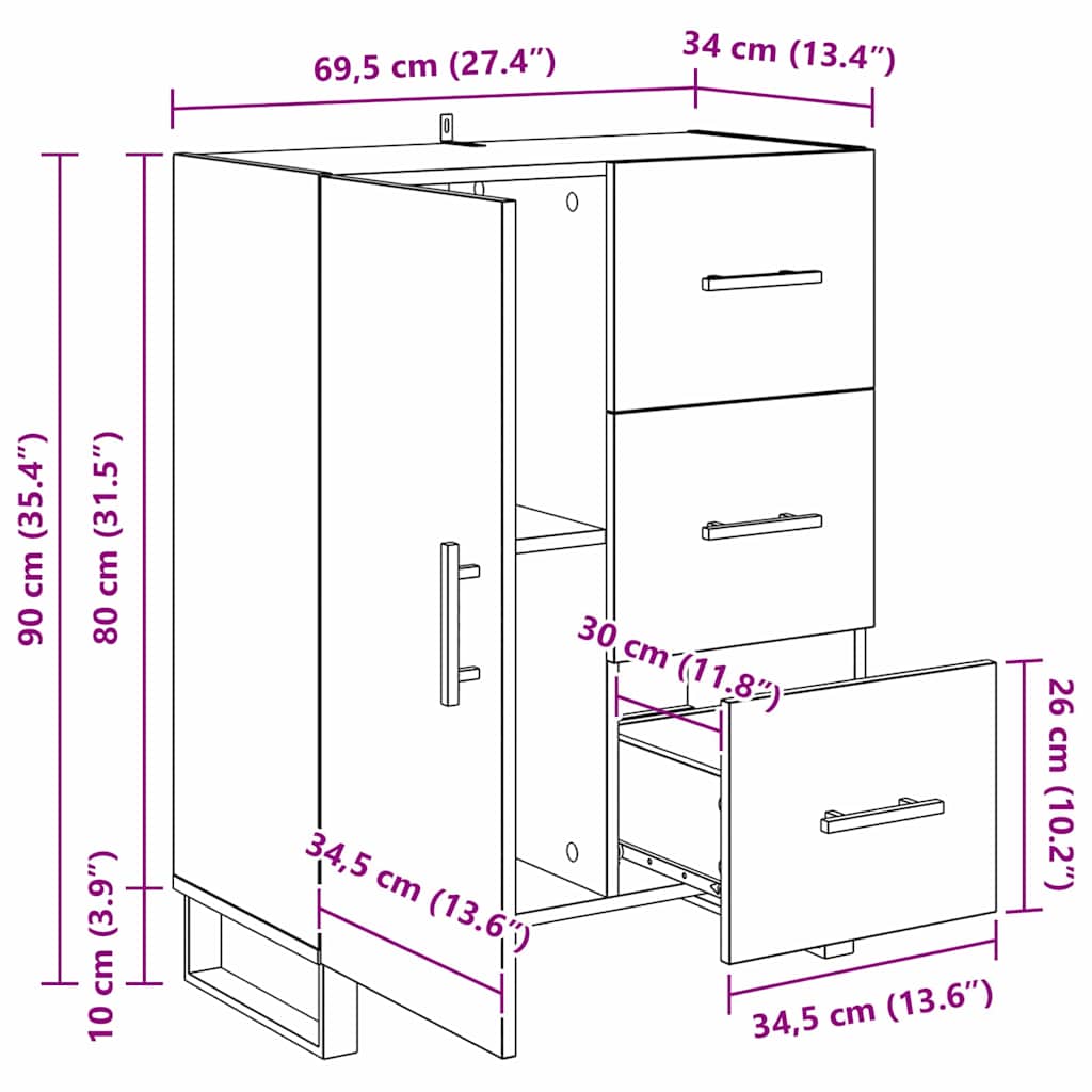 Sideboard mit Schubladen Schwarz Eichen-Optik 69,5 x 34 x 90 cm
