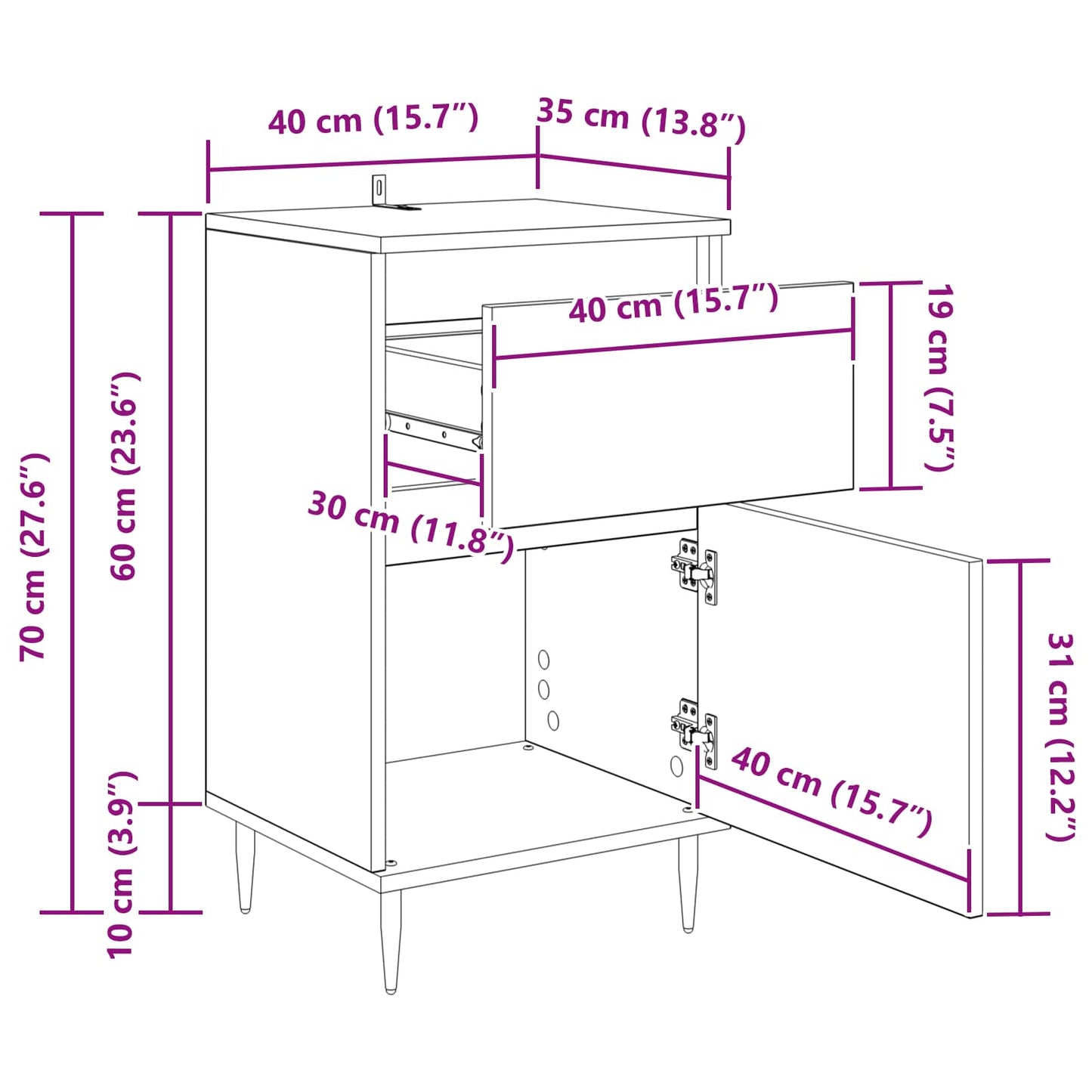 Sideboard mit Schubladen Schwarz Eichen-Optik 40 x 35 x 70 cm