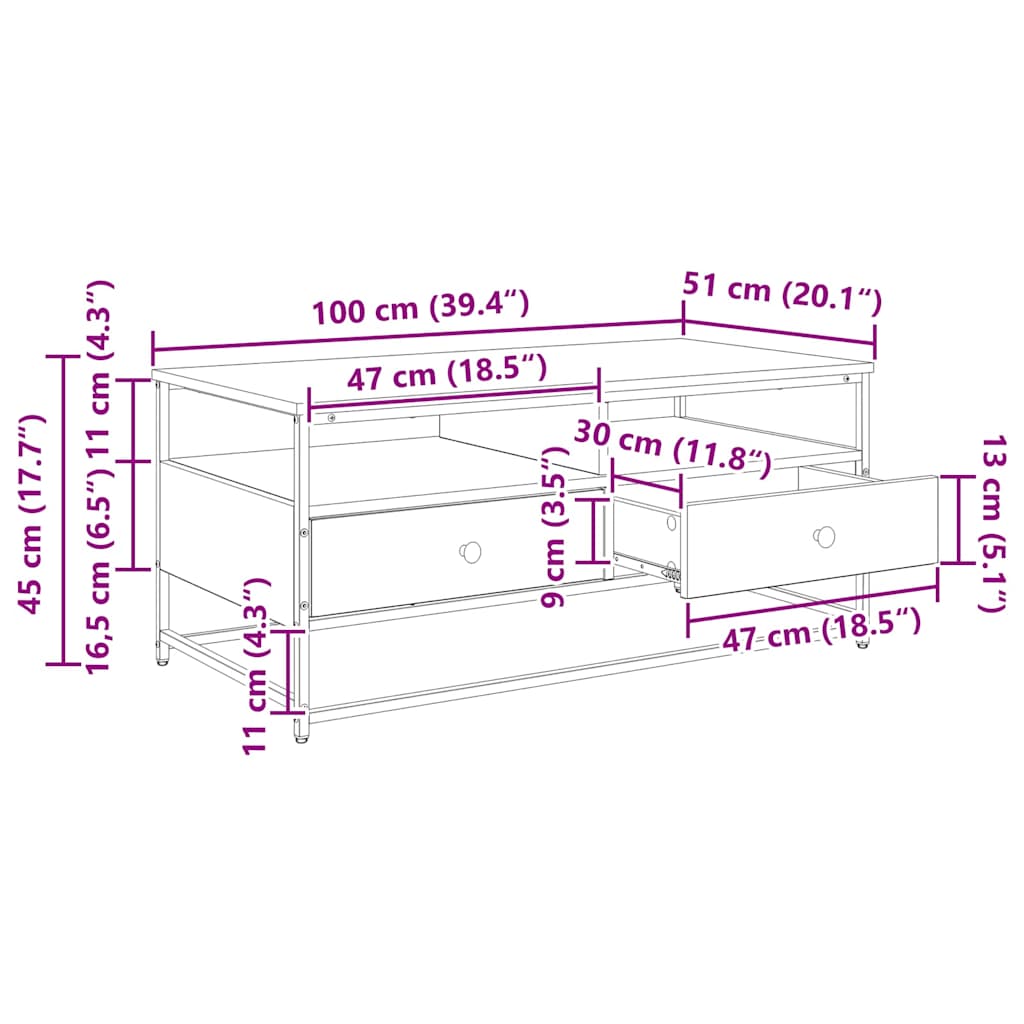 Couchtisch Schwarz Eichen-Optik 100 x 51 x 45 cm Holzwerkstoff