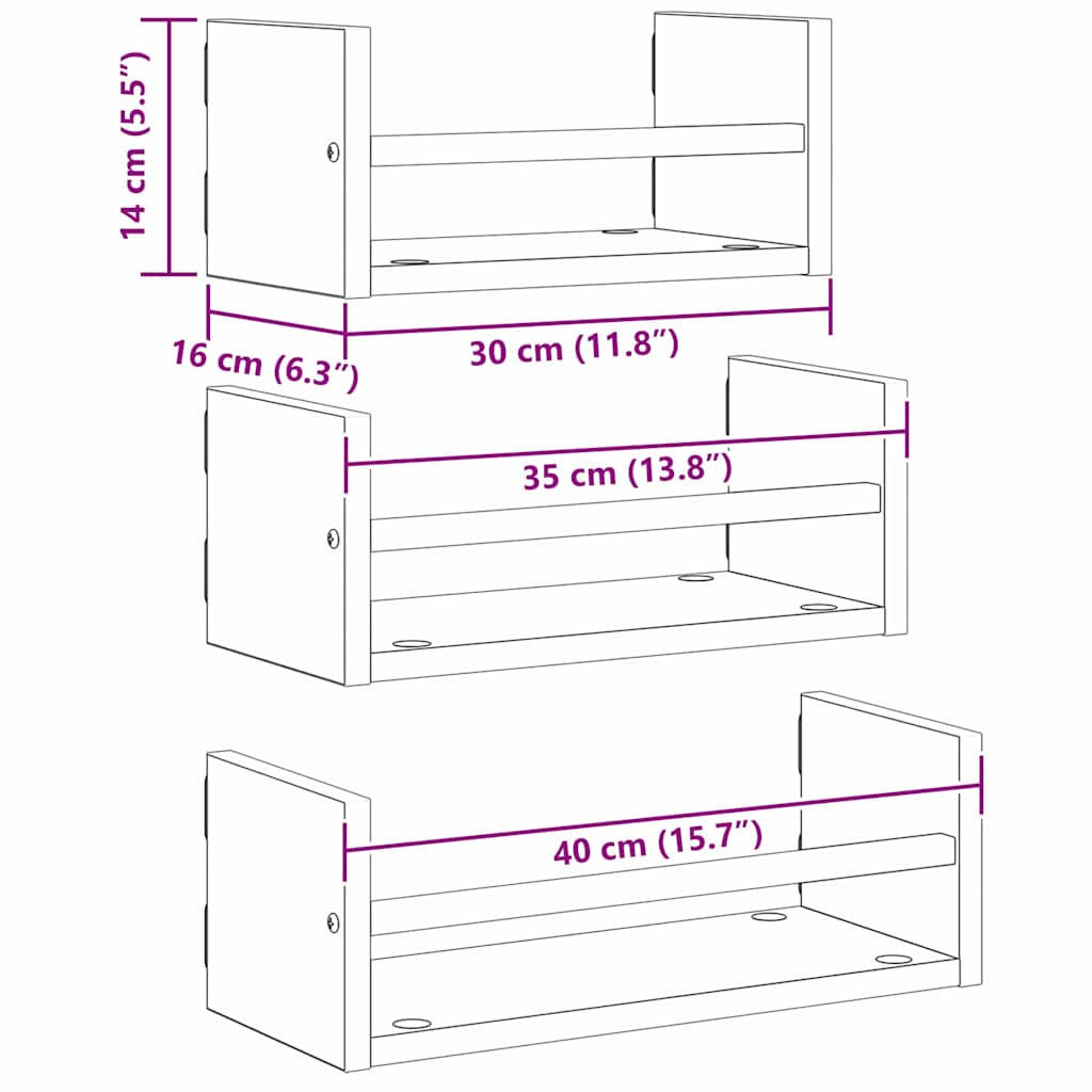 Wandregal-Set 3 stk. Schwarz Eichen-Optik 40x16x14cm
