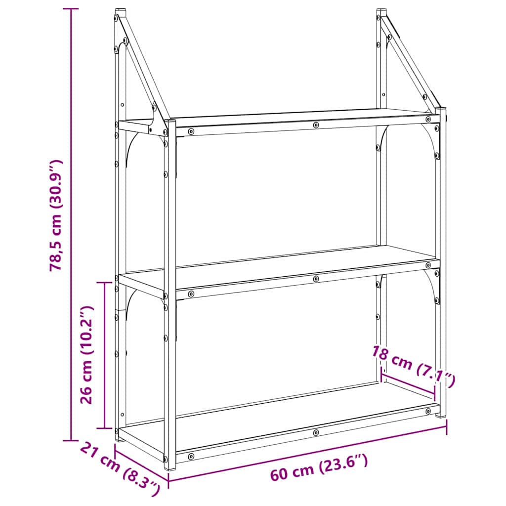 Wandregal Wandhalterung Schwarz Eichen-Optik 60 x 21 x 78,5 cm