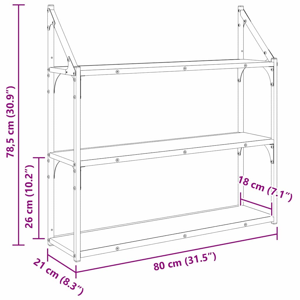 Wandregal Wandhalterung Schwarz Eichen-Optik 80 x 21 x 78,5 cm